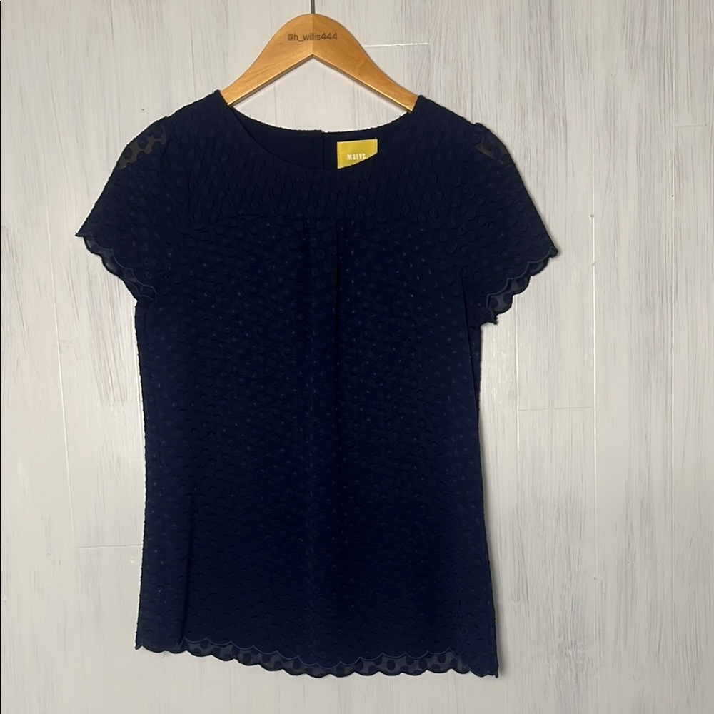 Anthro Maeve‎ Feminine Textured Dainty Delicate Navy Short Sleeve Top Size 2
